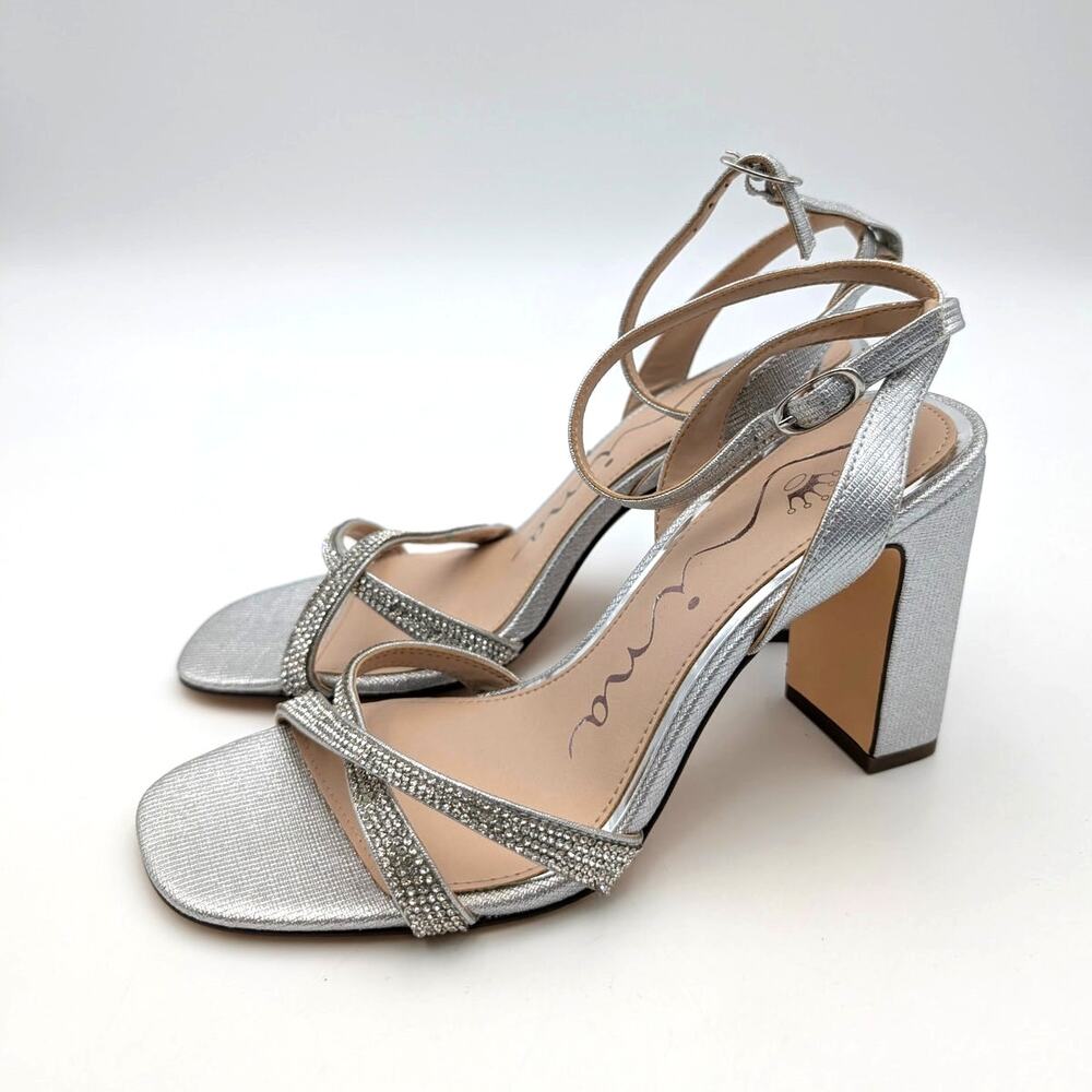 Nina Helga Ankle Strap Block Heel Sandals Women's Silver Size US7.5M EU37.5